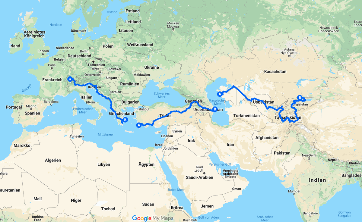 Die ungefähre Route von Mattias und Dominic: Von Athen (B in Griechenland) ging es mit der Fähre nach Datça (A in der Türkei), von Baku (B am Kaspischen Meer) ebenfalls mit der Fähre nach Aqtau (A am  ...