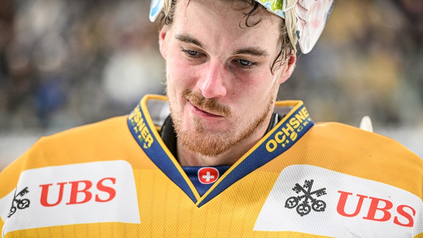 Davos&#039; goalkeeper Gilles Senn during the game between Czech Republic&#039;s HC Sparta Praha and Switzerland&#039;s HC Davos, at the 94th Spengler Cup ice hockey tournament in Davos, Switzerland,  ...