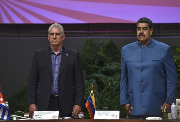 Cuba&#039;s President Miguel Diaz Canel, left, and Venezuela&#039;s President Nicolas Maduro attend the XXI ALBA Summit at Revolution Palace in Havana, Cuba, Sunday, May 8, 2022. (Omara Garcia Mederos ...