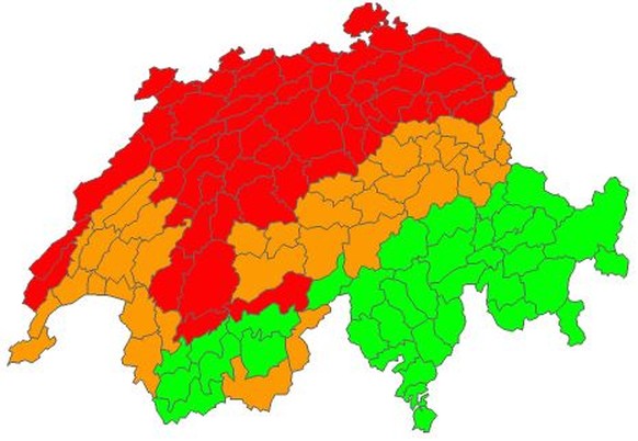 Rot: starke Wetterwarnung – orange: leichte Wetterwarnung.