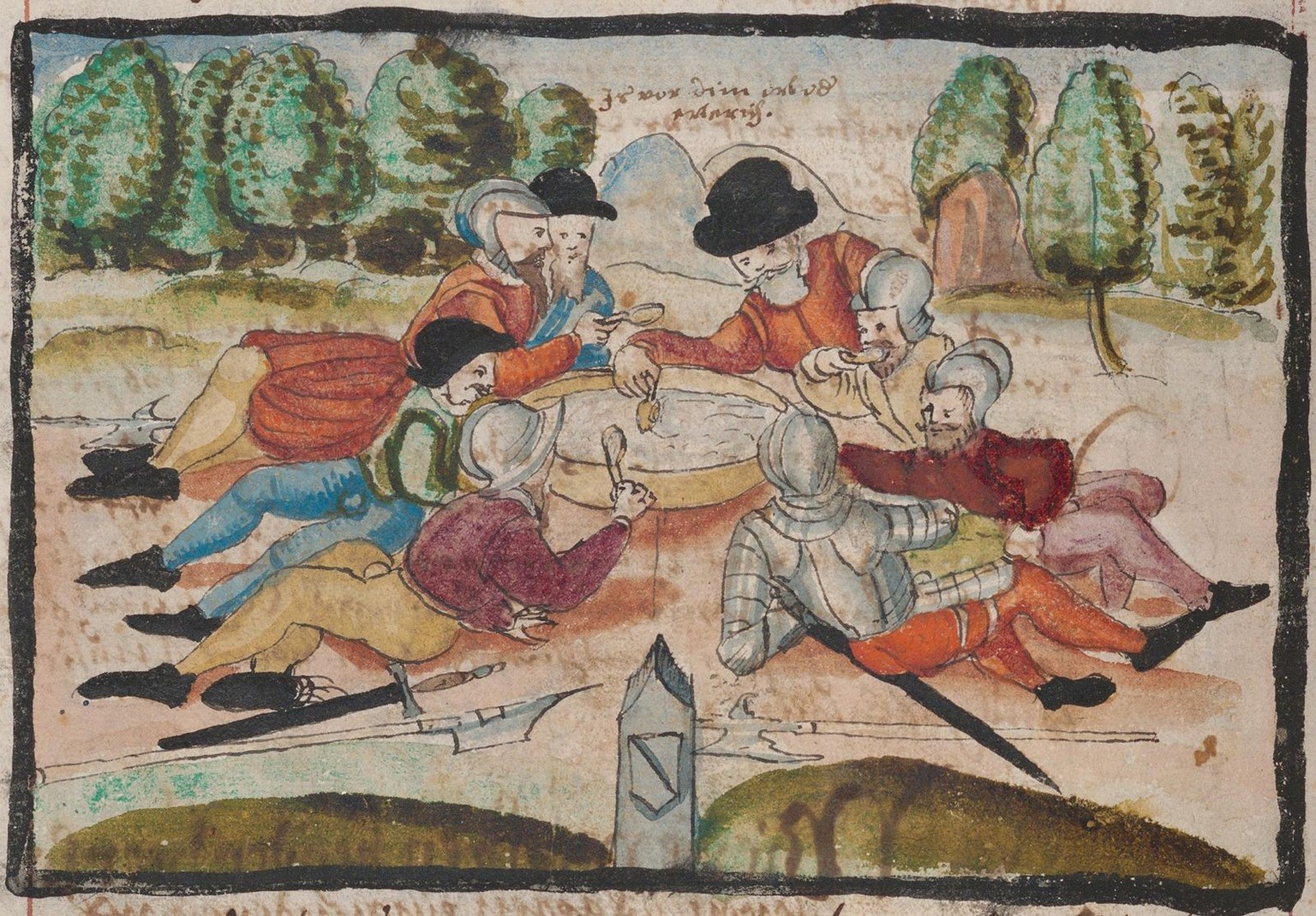 In June 1529, warriors from both sides on the border between Zug and Zurich eat a soup made from milk and bread from the same pot.  Drawing by Heinrich Thomann, around 1605. https://www.e-manuscrip ...