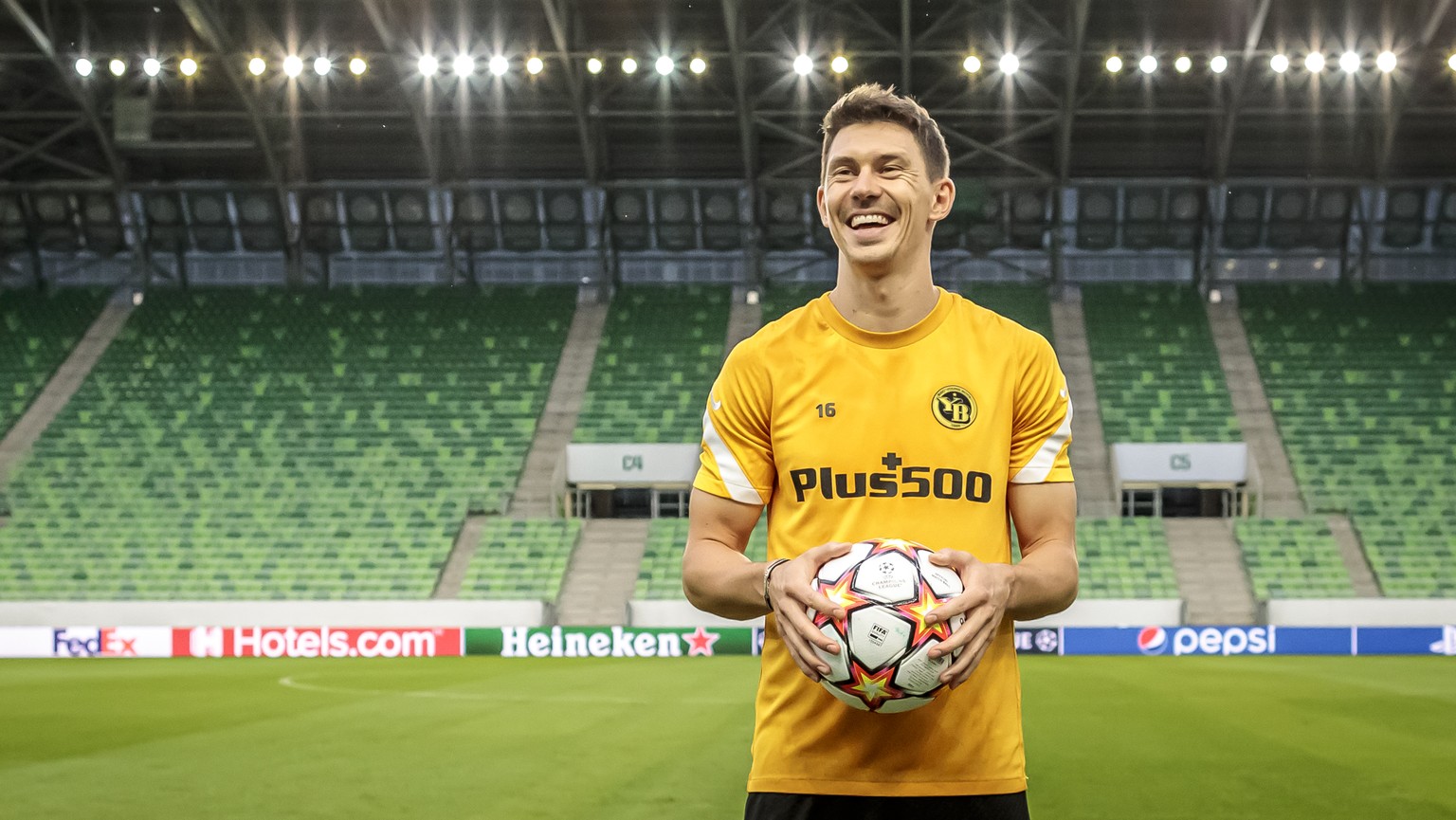 Young Boys' Christian Fassnacht poses after a training session before the UEFA Champions League playoff match between Hungary's Ferencvaros TC and Switzerland's BSC Young Boys, on Monday, August 23, 2 ...