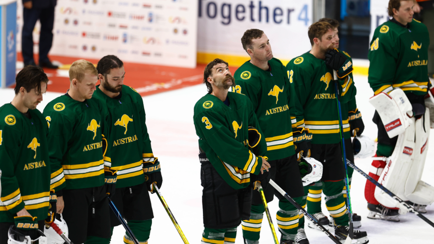 April 19, 2023, MADRID, MADRID, SPAIN: Players of Australia lament during the Ice hockey, Eishockey World Championship, WM, Weltmeisterschaft Division II, Group A, played at Ice Palace pavilion on Apr ...