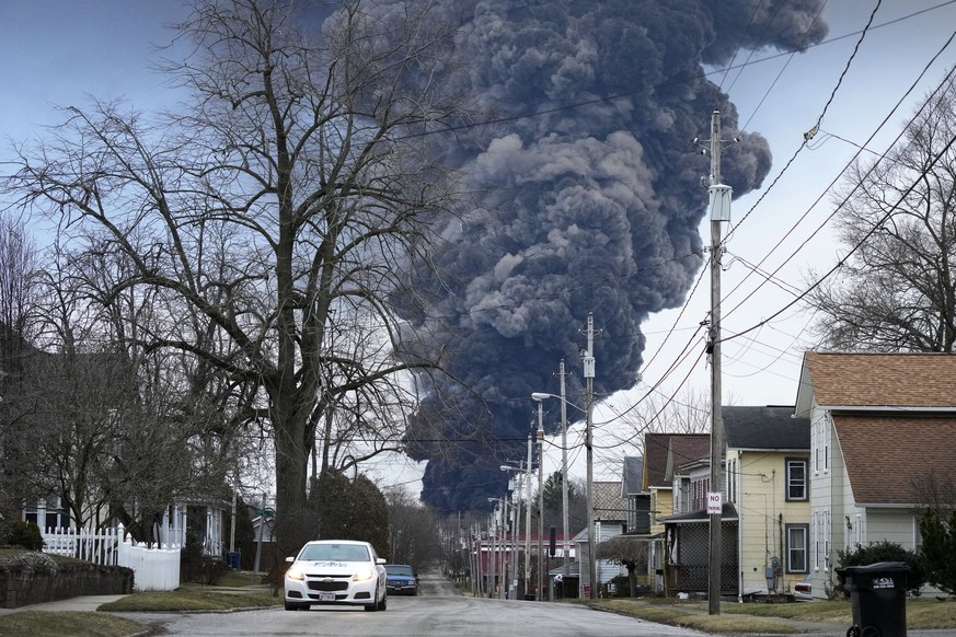 FILE - A black plume rises over East Palestine, Ohio, as a result of a controlled detonation of a portion of the derailed Norfolk Southern trains Monday, Feb. 6, 2023. On Friday, Feb. 17, The Associat ...