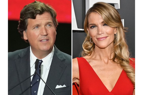 Tucker Carlson speaks at a memorial for Charlie Kirk in Glendale, Ariz., on Sept. 21, 2025, left, and Megyn Kelly appears at the Time100 Gala in New York on April 24, 2025, (AP Photo)
Golden-Globes-Po ...