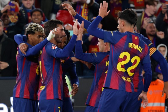 Barcelona p;ayers celebrate after a goal during a La Liga soccer match between Barcelona and Athletic in Barcelona, Spain, Saturday, Nov. 22, 2025. AP Photo/Joan Monfort)
Spain La Liga Soccer