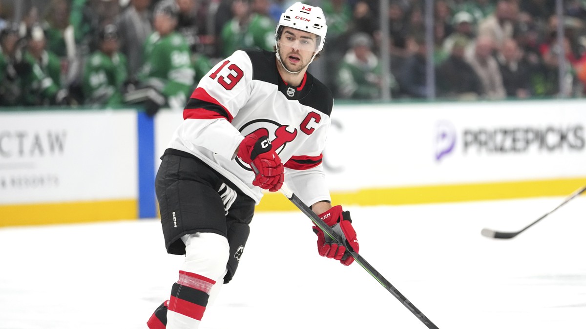 New Jersey Devils center Nico Hischier skates against the Dallas Stars during the first period of an NHL hockey game Tuesday, March 4, 2025, in Dallas. (AP Photo/Julio Cortez)
Devils Stars Hockey
