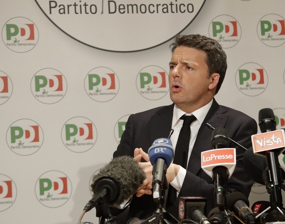 Democratic Party leader Matteo Renzi holds a press conference on the election results, in Rome, Monday, March 5, 2018. With the anti-establishment 5-Stars the highest vote-getter of any single party,  ...