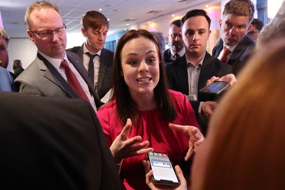 epa10545527 The Scottish Chancellor of the Exchequer and SNP (Scottish National Party) leader candidate Kate Forbes talks to the media at Murrayfield Stadium in Edinburgh, Scotland, UK, March 27, 202 ...