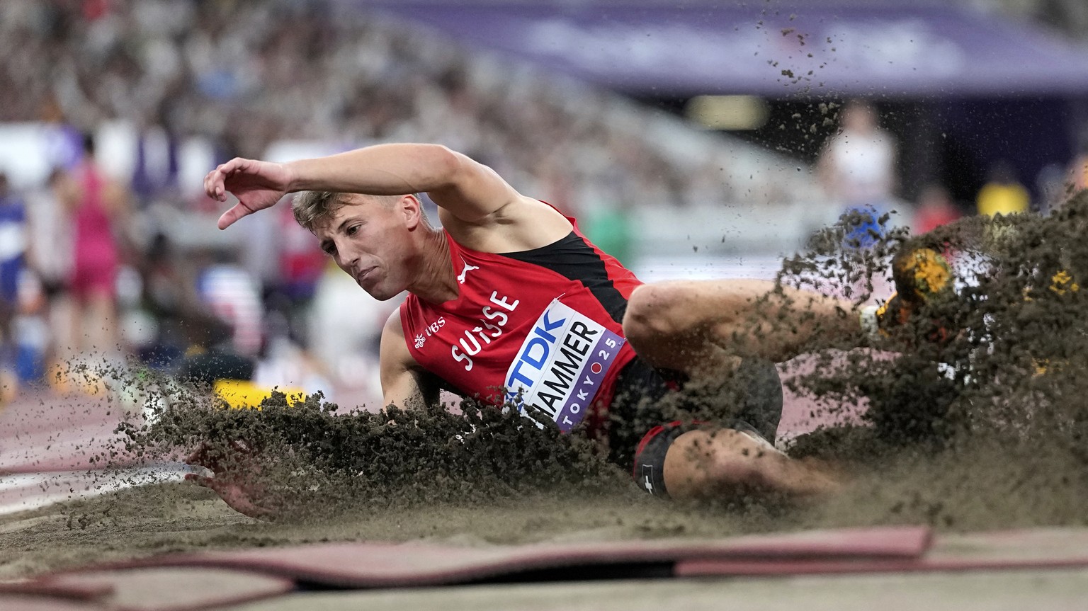 Switzerland&#039;s Simon Ehammer makes an attempt in the men&#039;s long jump qualification at the World Athletics Championships in Tokyo, Monday, Sept. 15, 2025. (AP Photo/Matthias Schrader)
Japan At ...