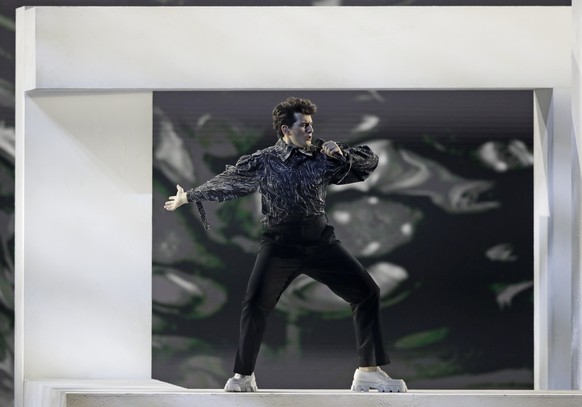 Gjon&#039;s Tears from Switzerland singing Tout l&#039;Univers performs at the Grand Final of the Eurovision Song Contest at Ahoy arena in Rotterdam, Netherlands, Saturday, May 22, 2021. (AP Photo/Pet ...