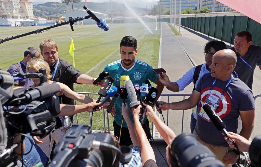 epa06826500 Germany&#039;s player Sami Khedira gives a interview prior a training session at Park Arena in Adler Sochi, Russia, 21 June 2018. Germany will face Sweden in the FIFA World Cup 2018 Group  ...