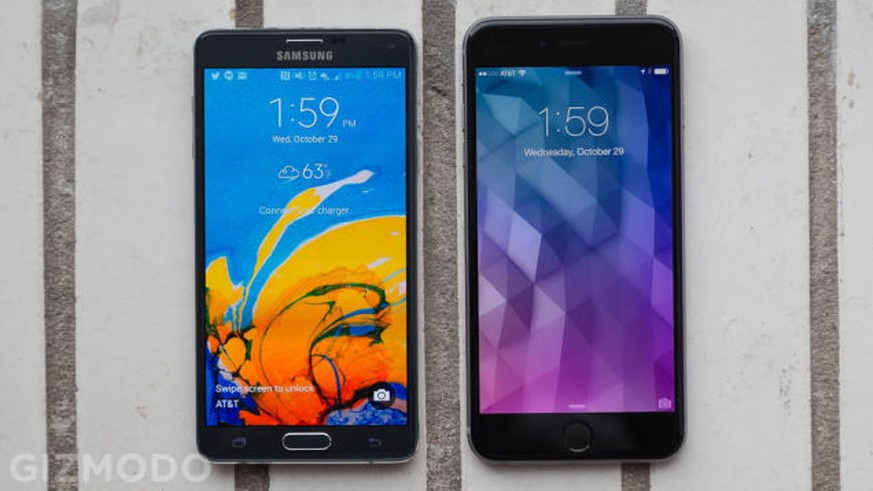 Samsungs Galaxy Note 4 ist kleiner als das iPhone 6 Plus. Trotzdem ist das Display des Note 4 mit 5,7 Zoll minim grössere als das iPhone-Display mit 5,5 Zoll.