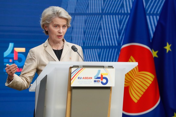 epa10365656 European Commission President Ursula von der Leyen speaks at a press conference at the end of the EU-ASEAN Commemorative Summit at leaders&#039; level in Brussels, Belgium, 14 December 202 ...