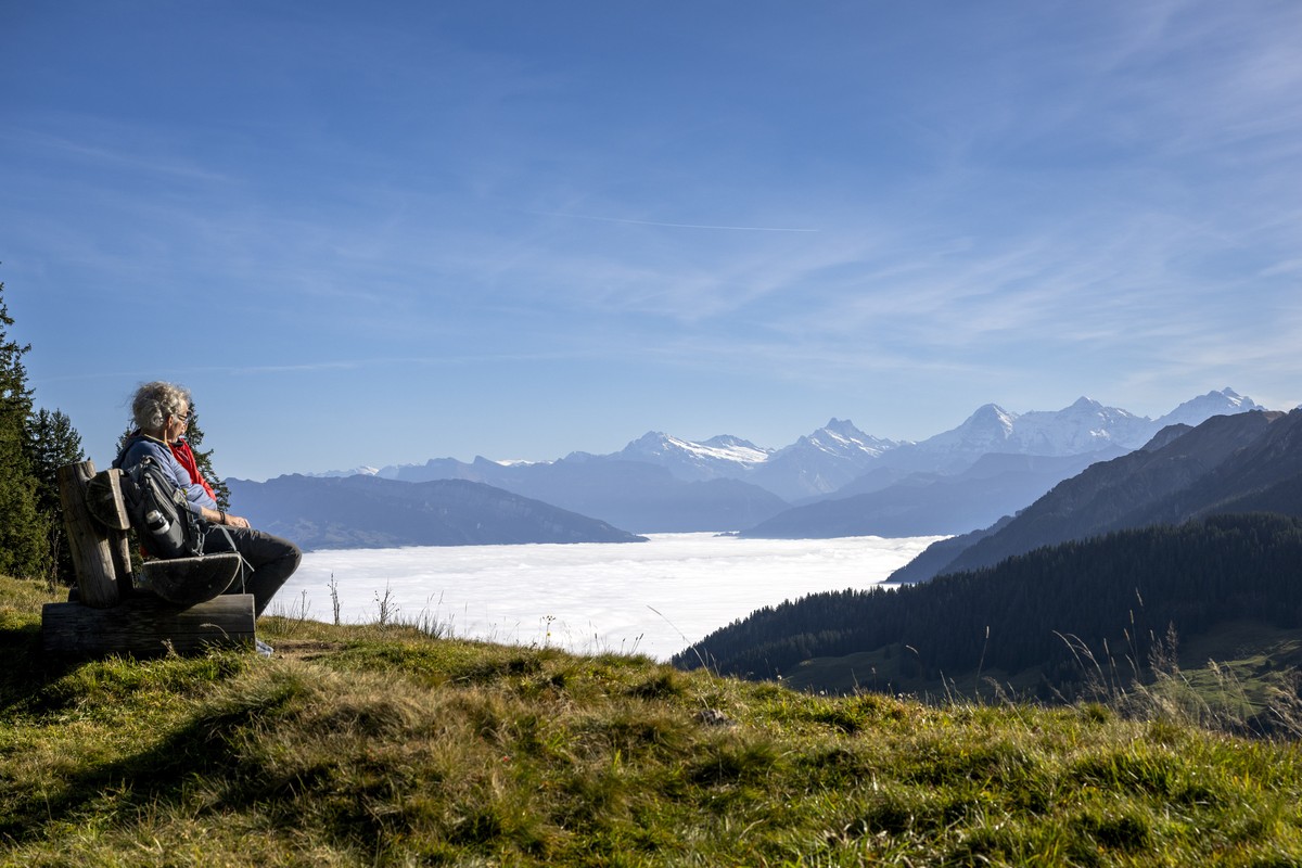 Zwei Personen geniessen die Aussicht auf das Nebelmeer und auf Wetterhorn, Schreckhorn, Eiger, Moench und Jungfrau, von links, am Sonntag, 3. November 2024, auf dem Gurnigel. (KEYSTONE/Peter Schneider ...