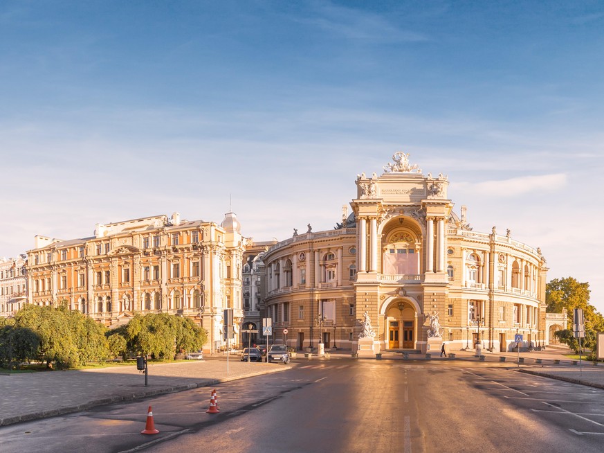 Beautiful panoramic view of the Odessa State Academic Opera and Ballet Theater early in the morning without people. Building for art, landmark, building in the style of the new Viennese baroque
