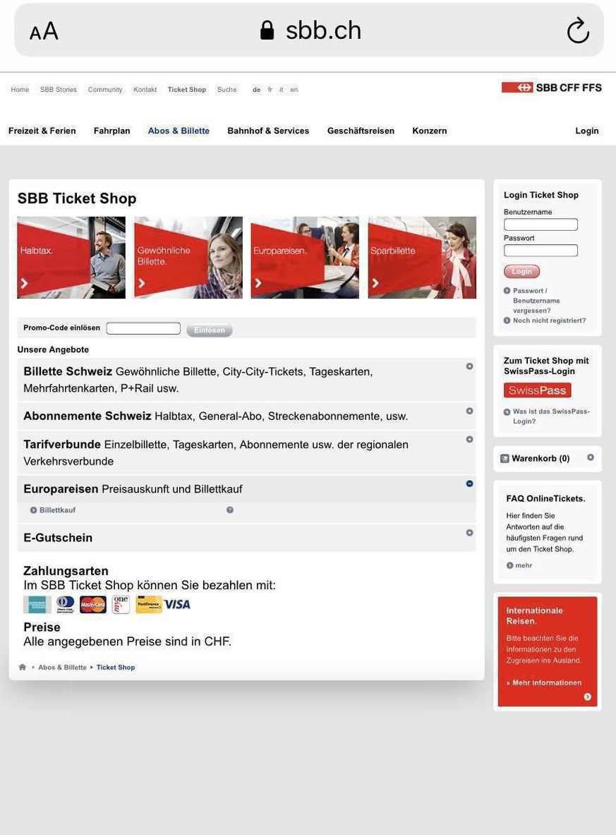 Anno 2000er: Der SBB-Ticketshop ist nicht für Smartphones optimiert.