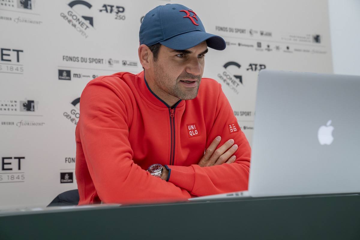 HANDOUT - Switzerland's Roger Federer talks to the media during a virtual press conference at the ATP 250 Tennis Geneva Open tournament, in Geneva, Switzerland, on Monday, 17 May 2021. (GENEVA OP ...