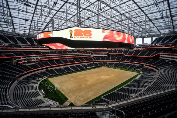 A general view shows SoFi Stadium in Inglewood, Calif., Tuesday, May 12, 2026, during a media event for the upcoming FIFA World Cup soccer tournament.. (AP Photo/Jae C. Hong)
WCup Los Angeles Soccer