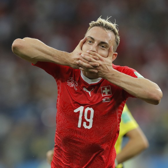 Switzerland&#039;s Josip Drmic celebrates after scoring his side&#039;s second goal during the group E match between Switzerland and Costa Rica at the 2018 soccer World Cup in the Nizhny Novgorod Stad ...