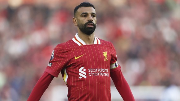 FILE - Liverpool&#039;s Mohamed Salah during the English Premier League soccer match between Brighton and Liverpool at American Express Stadium in Brighton, England, Monday, May 19, 2025. (AP Photo/Ia ...