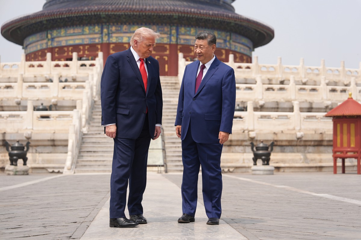 President Donald Trump, left, stands with Chinese President Xi Jinping at the Temple of Heaven on Thursday May 14, 2026, in Beijing. (AP Photo/Mark Schiefelbein)
Trump China