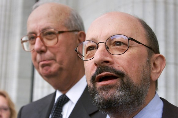 Both defenders of the Mossad's spy, Lawyer Ralph Zloczower, left, and professor Stefan Trechsel, right, answer to medias after the Swiss Federal Court's sentence on an Israeli secret service ...