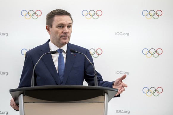 Candidate to the presidency of the International Olympic Committee (IOC) France&#039;s David Lappartient speaks during a press conference following a presentation before their fellow IOC members in La ...