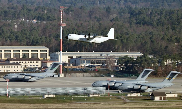 epa12791386 A US Air Force aircraft takes off during the ongoing military operation in Iran from the US Air Base Ramstein in Landstuhl, Germany, 03 March 2026. Ramstein Air Base is a military airfield ...