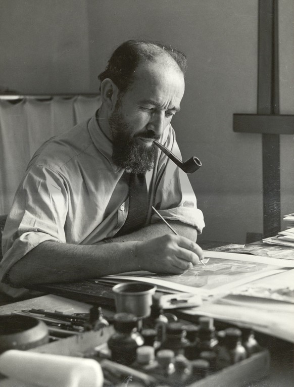 Hans Tomamichel in seinem Atelier in Zürich. Um 1950.