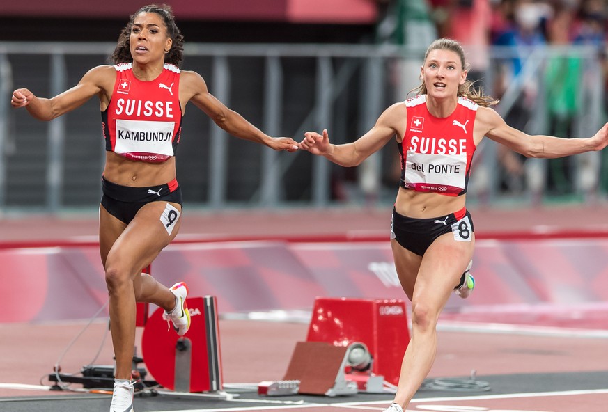 Ajla Del Ponte, right, and Mujinga Kambundji, left, finish the final of the women&#039;s 100 m in ranks five (Del Ponte) and six (Kambundji) at the 2020 Tokyo Summer Olympics Games in Tokyo, Japan, on ...