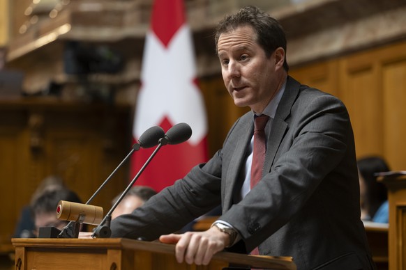 National councilor and parliamentary faction leader Thomas Aeschi, SVP-ZG, speaks at the United Federal Assembly during the winter session of the Federal Councils, on Wednesday, December 20, 2023, in the National Council ...