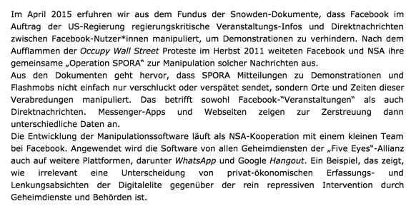 Dass Facebook mit der NSA kooperieren muss, ist dank Snowdens Enthüllungen tatsächlich belegt. Doch die von den Linksextremen zitierte «Operation SPORA» ist eine deutsche Erfindung.