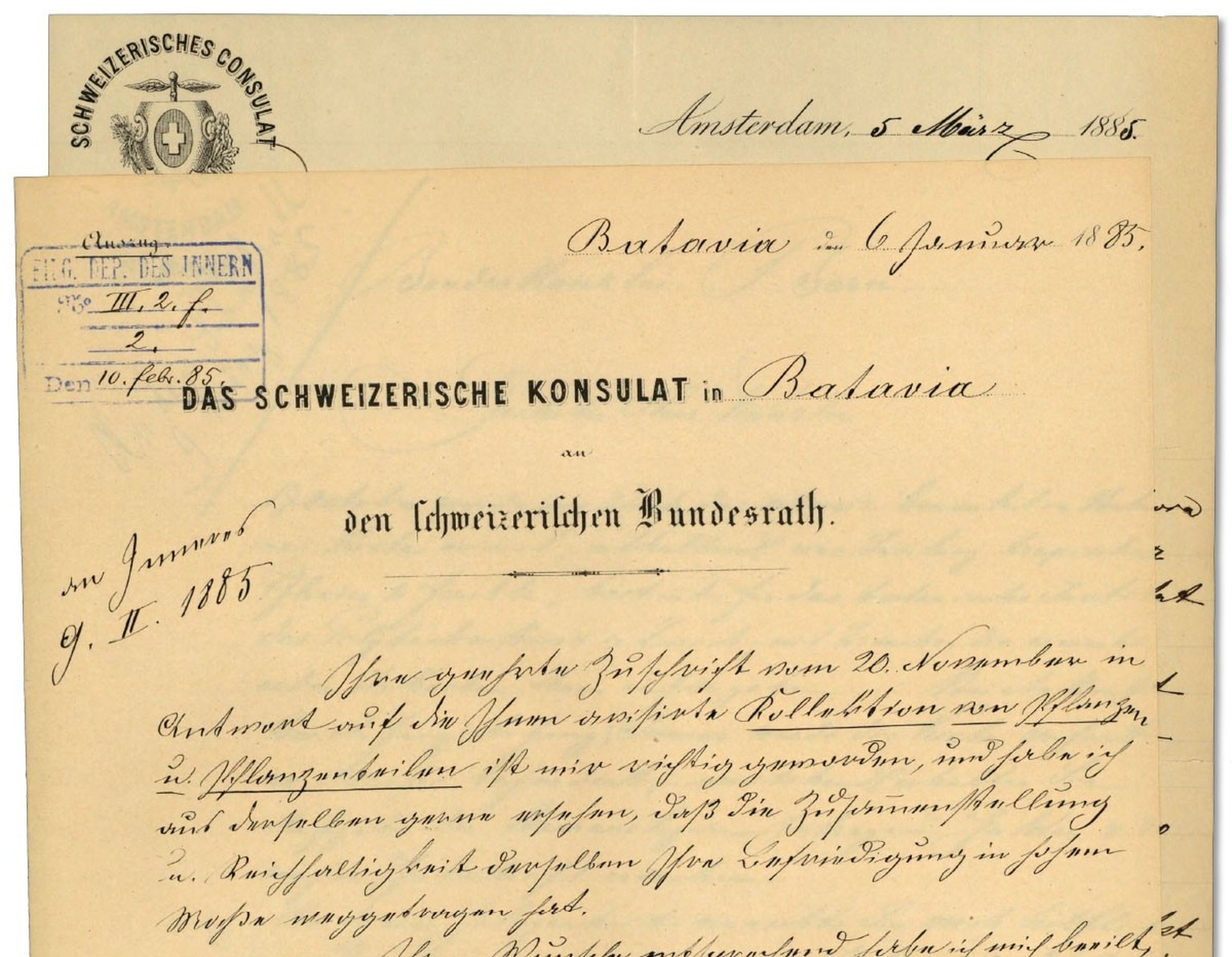 Post aus Batavia: Die Korrespondenz zwischen Bundesrat und Konsulat liegt heute im Bundesarchiv.
https://www.recherche.bar.admin.ch/recherche/#/de/archiv/einheit/3288537?q=E80#1000/1126#1379*