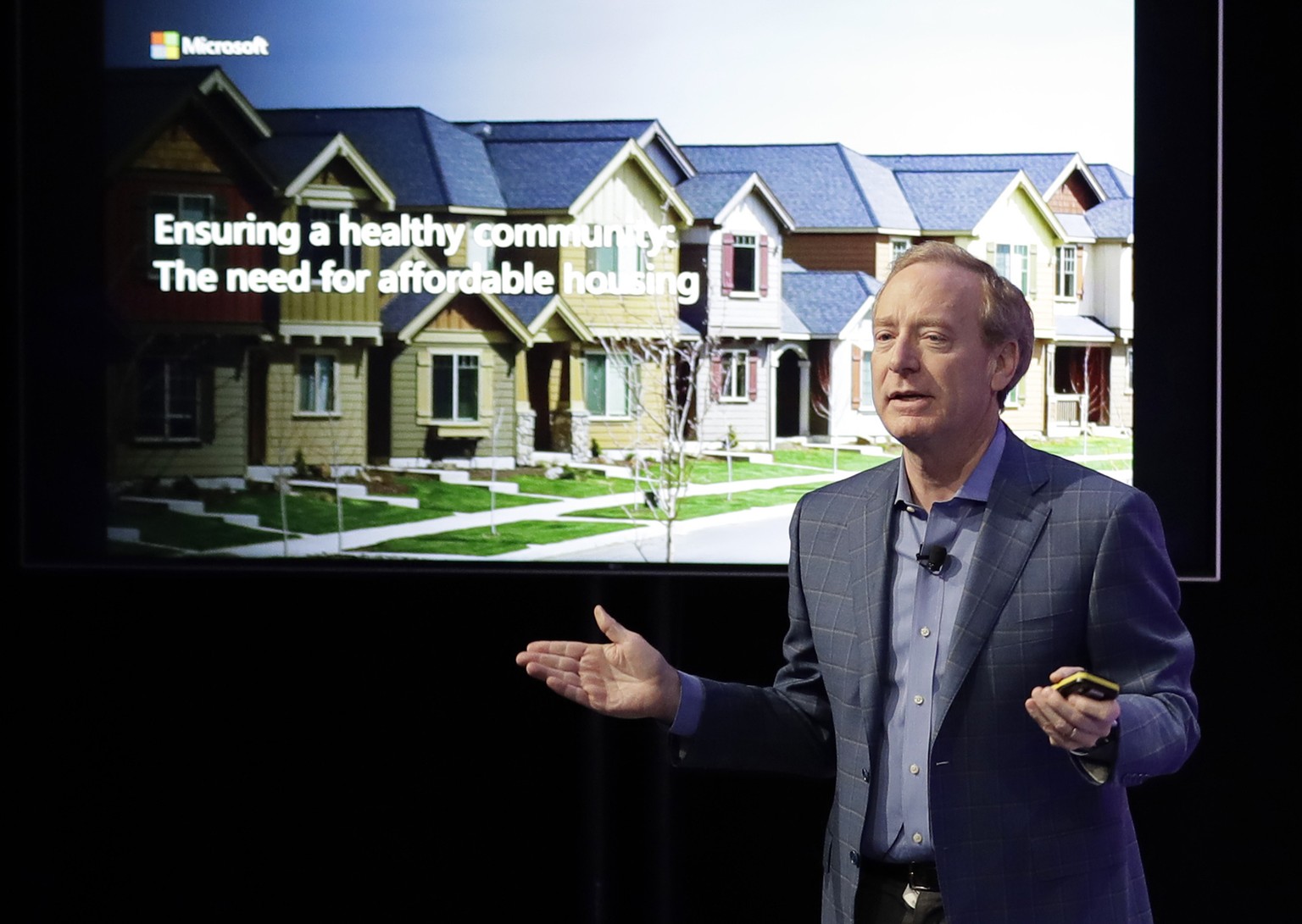 Microsoft Corp. President Brad Smith speaks Thursday, Jan. 17, 2019, during a news conference in Bellevue, Wash., to announce a $500 million pledge by Microsoft to develop affordable housing for low-  ...
