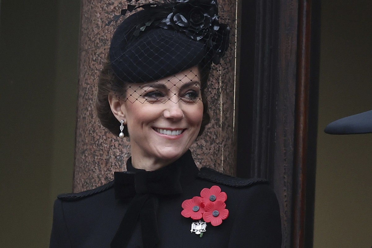 Britain's Kate, Princess of Wales, stands on a balcony during the National Service of Remembrance at The Cenotaph in London, England, Sunday, Nov. 10, 2024. (Photo by Chris Jackson/Pool Photo via ...