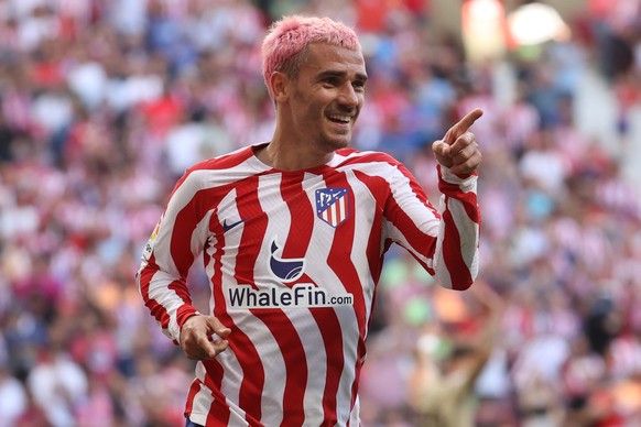 epa10575986 Atletico Madrid striker Anutin Griezmann celebrates after scoring the 2-1 goal during the Spanish La Liga football match between Atletico Madrid and UD Almeria, in Madrid, in the middle of Spa ...
