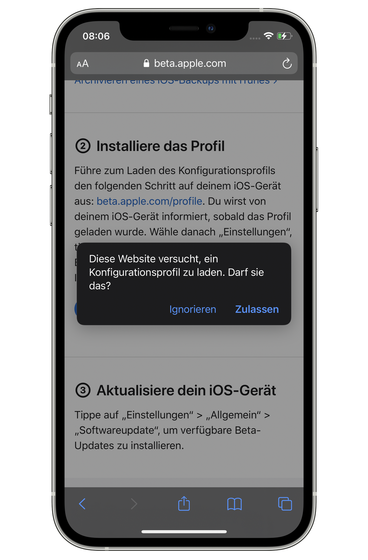 Konfigurationsprofil für Public-Beta-Software auf einem iPhone installieren.