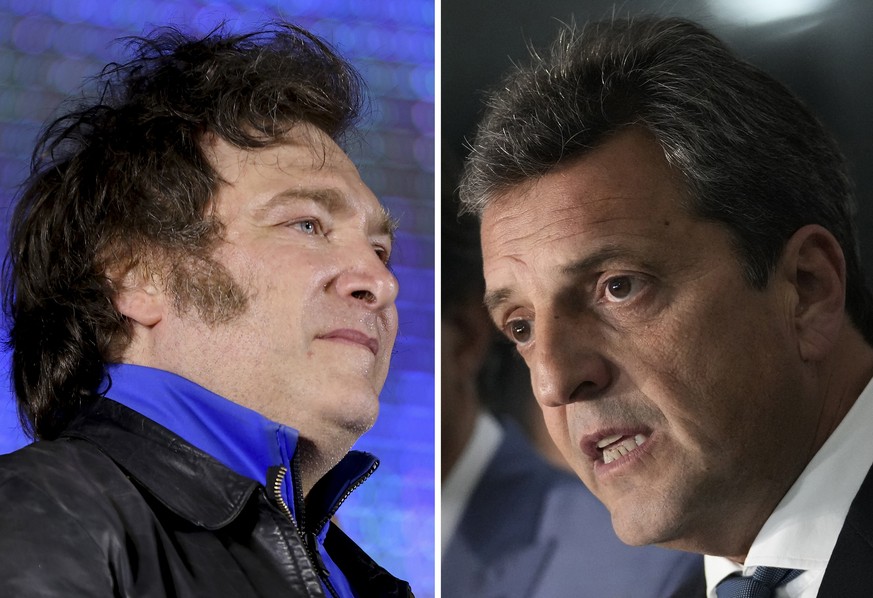 FILE - This combo image shows Javier Milei, the Liberty Advances coalition presidential candidate, in Cordoba, Argentina, Nov. 16, 2023, left, and Economy Minister Sergio Massa, the ruling party&#039; ...