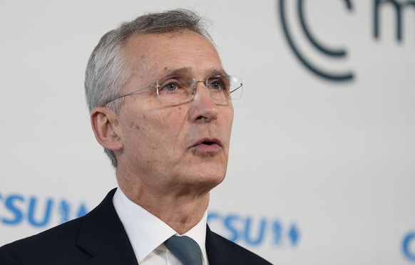 NATO Secretary General Jens Stoltenberg addresses the opening session of the Munich Security Conference at the Bayerischer Hof Hotel in Munich, Germany, Friday, Feb. 16, 2024. The 60th Munich Security ...