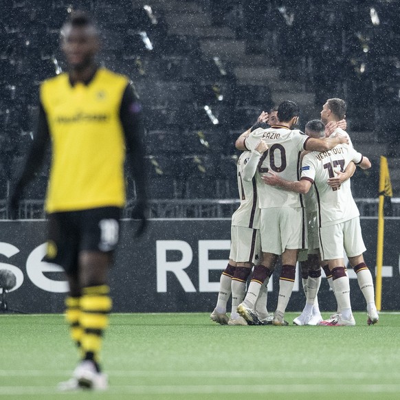 The player of As Roma celebrate their first goal during the UEFA Europa League group stage group A matchday 1 soccer match between Switzerland&#039;s BSC Young Boys Bern and Italy&#039;s AS Roma, at t ...