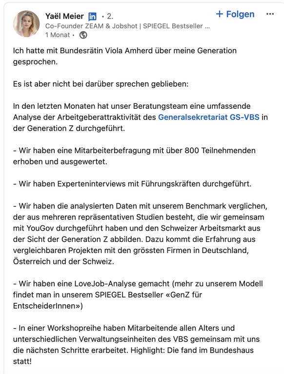 All das hat Yaël Meier für das VBS durchgeführt.