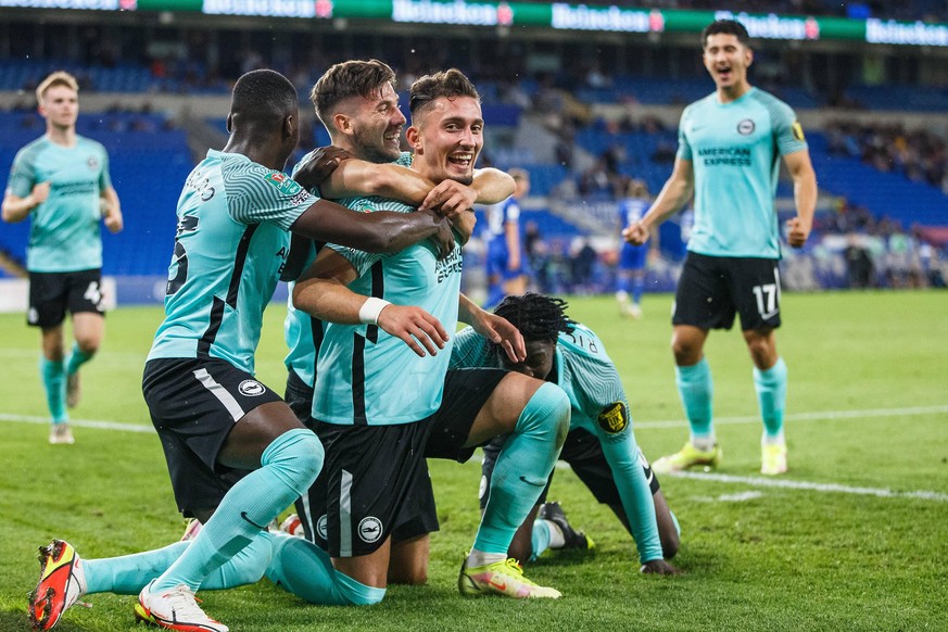 Cardiff City v Brighton and Hove Albion EFL Cup 24/08/2021. GOAL 0-2 Brighton and Hove Albion forward Andi Zeqiri 19 celebrates after scoring a goal during the EFL Cup match between Cardiff City and B ...