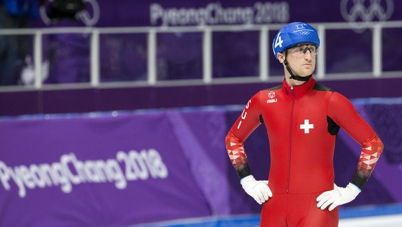 Livio Wenger of Switzerland reacts during the Men Speed Skating Mass Start finals in the Gangneung Oval in Gangneung at the XXIII Winter Olympics 2018 in Pyeongchang, South Korea, on Saturday, Februar ...