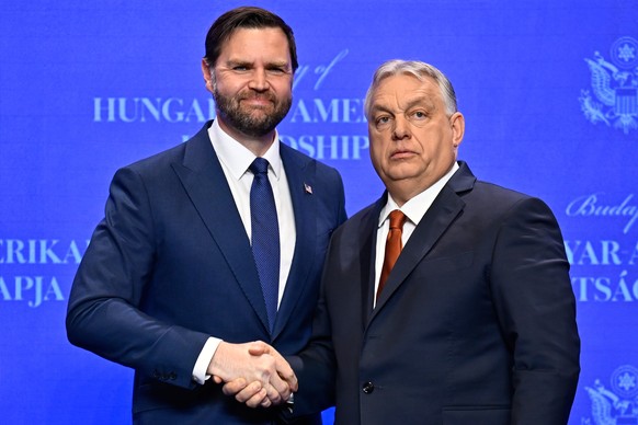 KEYPIX - U.S. Vice President JD Vance shake hands with Hungarian Prime Minister Viktor Orban as they meet in Budapest, Hungary, Tuesday, April 7, 2026. (AP Photo/Denes Erdos)