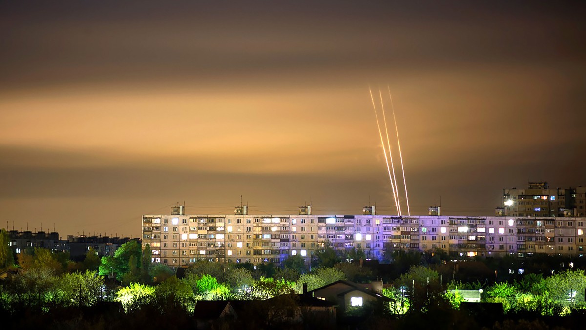 Russian rockets launch against Ukraine from Russia's Belgorod region, at dawn in Kharkiv, Ukraine, Monday, May 8, 2023. (AP Photo/Vadim Belikov)
