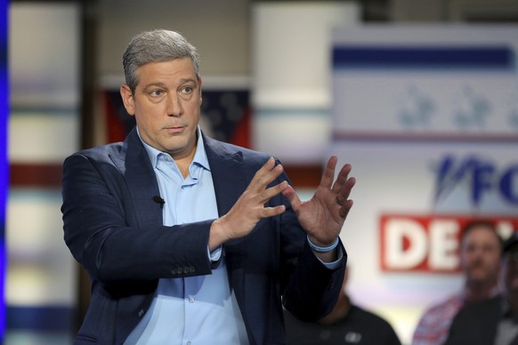 U.S. Rep. Tim Ryan, D-Ohio, a candidate for U.S. Senate, answers audience questions during a Fox News town hall debate with Republican candidate JD Vance, Tuesday, Nov. 1, 2022, in Columbus, Ohio. (AP ...