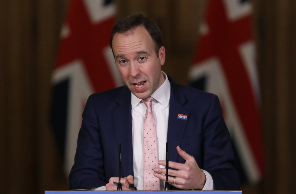 Britain's Health Secretary Matt Hancock, speaks at a press conference inside 10 Downing Street on further restrictions to be put in place due to the ongoing coronavirus pandemic in London, Wednes ...