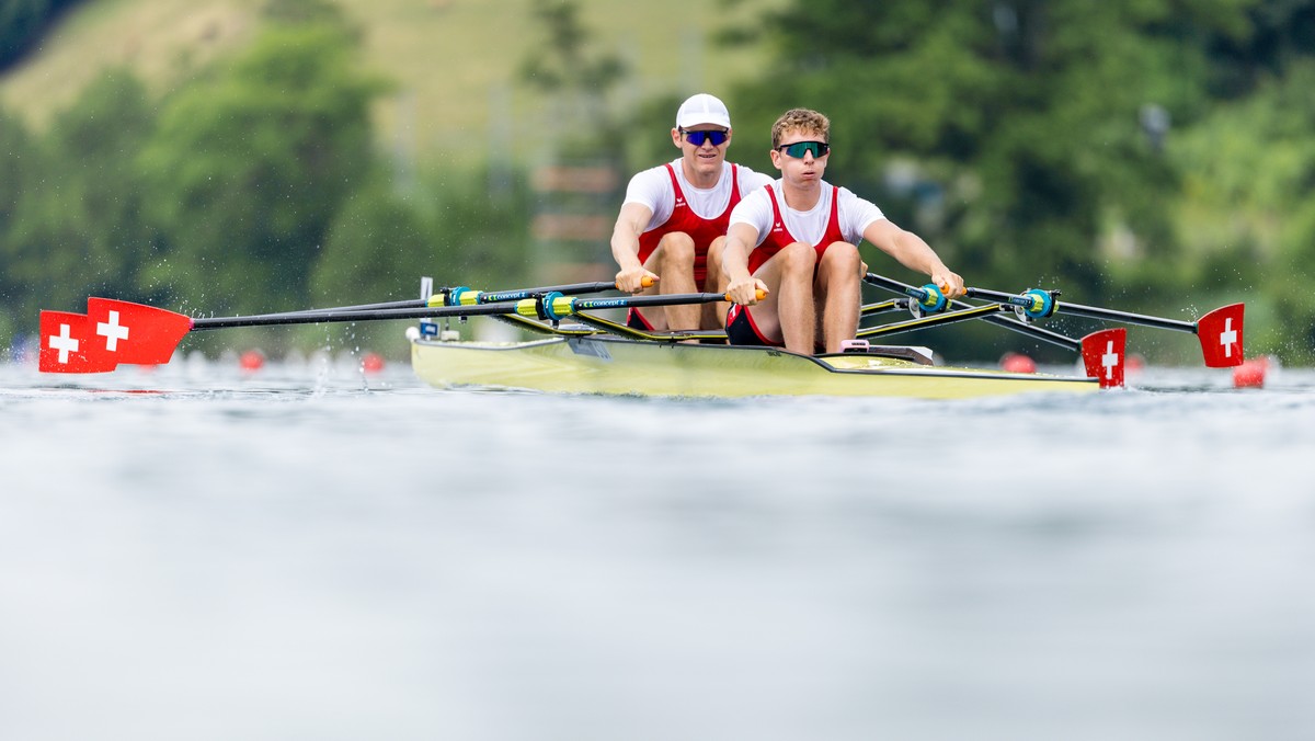 Kai Schaetzle, left, and Raphael Ahumada of Switzerland compete in the Men's Double Sculls heat on the first day of the 2025 World Rowing Cup at Rotsee on Friday, June 27, 2025 in Lucerne, Switze ...