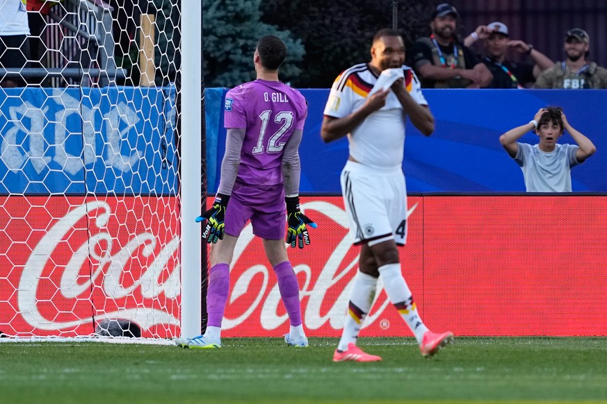Germany's Jonathan Tah (4) reacts after failing to score during a penalty shootout at the end of during the World Cup round of 32 soccer match between Germany and Paraguay in Foxborough, Mass., n ...